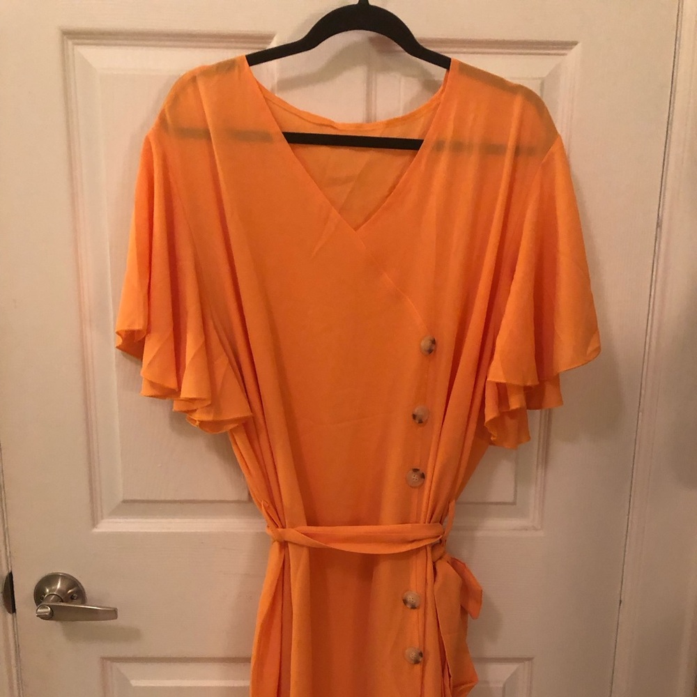SAFFRON coloured pullover summer dress, belted, Size XL, short batwing sleeve
